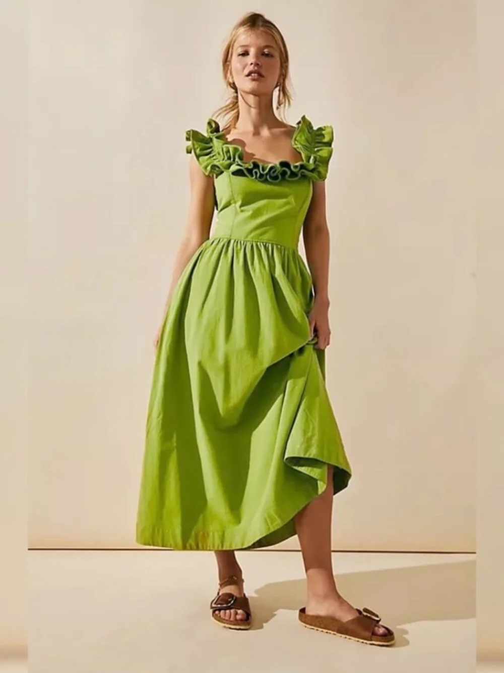 *NWT* Free People Women’s Large Ruffle it Up Midi Dress in Mojito Lime Green